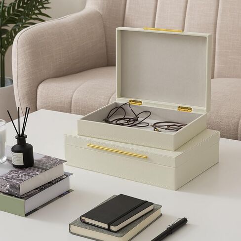 Soul & Lane Faux Leather Decorative Boxes with Lids and Gold Hardware for Home Decor, Set of 2 Stacking Hinged Boxes for Coffee Table and Living Room Shelves, Nesting Remote Control Holder, Ivory in Saudi Arabia