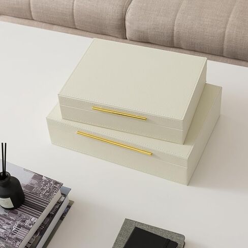 Soul & Lane Faux Leather Decorative Boxes with Lids and Gold Hardware for Home Decor, Set of 2 Stacking Hinged Boxes for Coffee Table and Living Room Shelves, Nesting Remote Control Holder, Ivory in Saudi Arabia