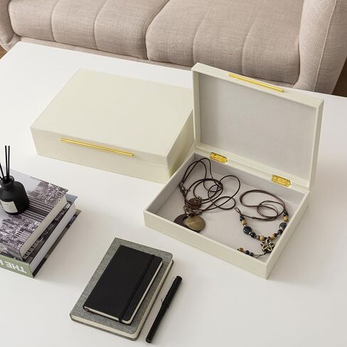 Soul & Lane Faux Leather Decorative Boxes with Lids and Gold Hardware for Home Decor, Set of 2 Stacking Hinged Boxes for Coffee Table and Living Room Shelves, Nesting Remote Control Holder, Ivory in Saudi Arabia