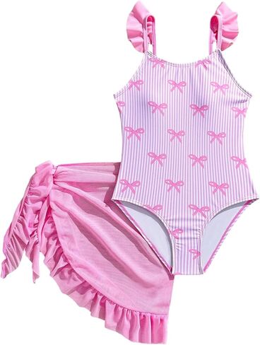 Milumia Girl's Striped Bow Print One Piece Swimsuit with Ruffle Trim Mesh Skirt Cover Up in Saudi Arabia