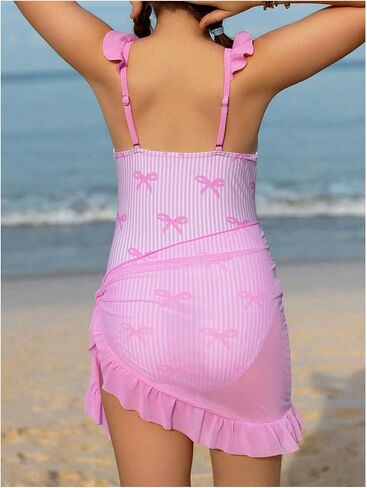 Milumia Girl's Striped Bow Print One Piece Swimsuit with Ruffle Trim Mesh Skirt Cover Up in Saudi Arabia