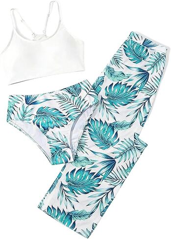 ملابس سباحة للفتيات بطبعة زهور استوائية مكونة من 3 قطع بحزام سباغيتي بدلة استحمام بكيني أنيقة مع بنطال للتستر in Kuwait