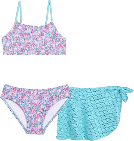 Aqua Green Girls' Bikini with Crochet Sarong Coverup Skirt 3-piece Set in Saudi Arabia