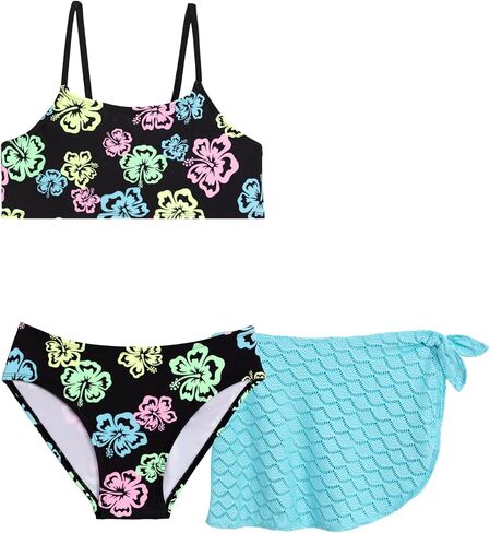 Aqua Green Girls' Bikini with Crochet Sarong Coverup Skirt 3-piece Set in Saudi Arabia