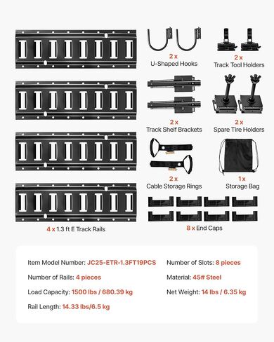 VEVOR E-Track Tie-Down Rail Kit, 4 Pack 1.3 ft E Track Rails, 2 U-Shaped Hooks, 2 Tool Holders, 2 Track Shelf Brackets, 2 Tire Holders, 2 Cable Storage Rings, 8 End Caps & 1 Bag, Fit for Vans Trailers in Saudi Arabia