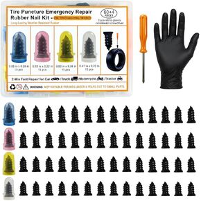 64 PCS Tire Repair Rubber Nail Kit - 4 Sizes Screw in Tire Plugs with 3 Pairs Nitrile Gloves & Screwdriver, Fast Self-Service Vacuum Tire Puncture Repair Tool for Car, Truck, Motorcycle, Tractor in Saudi Arabia
