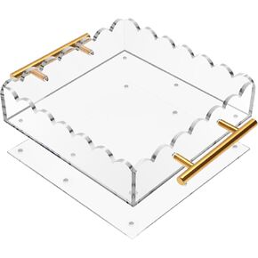 Acrylic Scalloped Tray 10'' X 10'' Acrylic Tray with Magnetic Mat and Handles for Customizable Picture, Scalloped Tray for Bathroom Kitchen Living Room Decor Vanity Perfume in Saudi Arabia