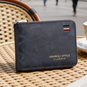 Men's Zipper Short Leather Wallet, Stylish Blue Casual Organizer (Blue) in Kuwait