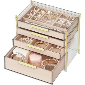 منظمو صناديق المجوهرات ذات 4 أدراج من FOLLOWIN وتخزينها مع إطار PET شفاف، حقيبة تخزين مجوهرات بغطاء شفاف للنساء، منظم حامل سوار وقلادة وحلقة القرط in Kuwait