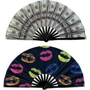 مروحة قابلة للطي بالأشعة فوق البنفسجية متوهجة مقاس 25 بوصة من الخيزران مروحة يد صيفية للشفاه + ديكور بالدولار لحفلات الرقص وحفلات الزفاف والنادي الليلي والمهرجانات الكبيرة in Kuwait