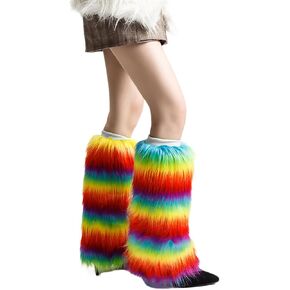 Women Vintage Rainbow Colorful Plush Leg Warmer Fuzzy Thickened Boot Toppers Cuff Furry Leg Long Socks Partywear in Kuwait