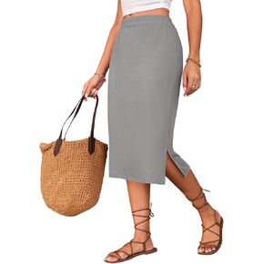 تنانير Naggoo متوسطة الطول للنساء للصيف، تنانير طويلة مرنة بخصر عالٍ وفتحة جانبية in Kuwait