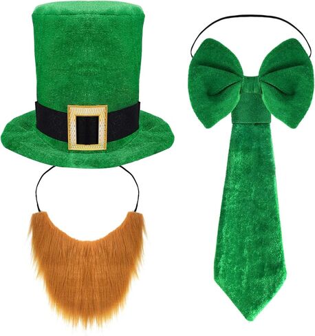 4 قطع زي حفلة عيد القديس باتريك، إكسسوارات باللون الأخضر الأيرلندي لتزيين يوم القديس باتريك مع قبعة وربطة عنق لحية القوس in Kuwait