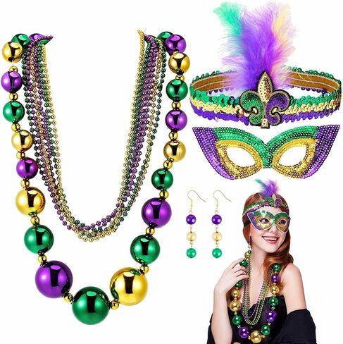 Henoyso 10 Pcs Mardi Gras Costume Accessory Set, 41 Inch Jumbo Beads Necklaces Feather Headband Mask Beaded Earrings in Saudi Arabia