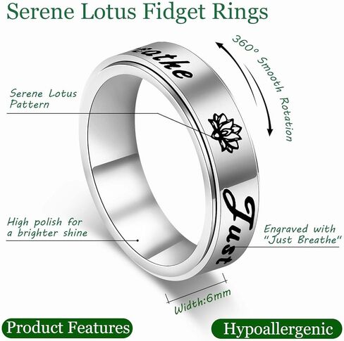 Serene Lotus Fidget Ring: Just Breathe Anxiety Spinner Ring for Women, Floral Pattern Rotating Band for Calm & Focus, 18K Gold Plated Stainless Steel Jewelry Gift in Saudi Arabia