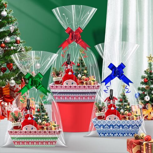 Jectivs 12 Sets Colorful Christmas Gift Basket Empty with Transparent Cellophane Bags, Cardboard Xmas Gift Box Bulk with Pull Bows Ribbons to Fill for Christmas Birthday Party Wrapping Gifts in Saudi Arabia