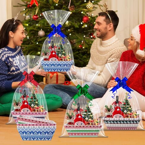 Jectivs 12 Sets Colorful Christmas Gift Basket Empty with Transparent Cellophane Bags, Cardboard Xmas Gift Box Bulk with Pull Bows Ribbons to Fill for Christmas Birthday Party Wrapping Gifts in Saudi Arabia