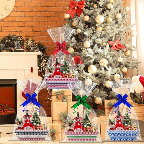 Jectivs 12 Sets Colorful Christmas Gift Basket Empty with Transparent Cellophane Bags, Cardboard Xmas Gift Box Bulk with Pull Bows Ribbons to Fill for Christmas Birthday Party Wrapping Gifts in Saudi Arabia