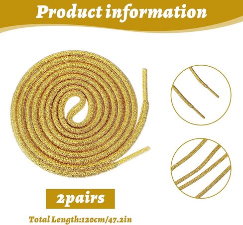 2 Pairs Glitter Metallic Shiny Shoe Laces, Round Bling Shoe Laces, Rhinestone ShoeLaces, 120cm Fun Fancy Shoestrings for Adult Sneakers Boots Sweatpants Hoodies Accessories(Gold) in Kuwait