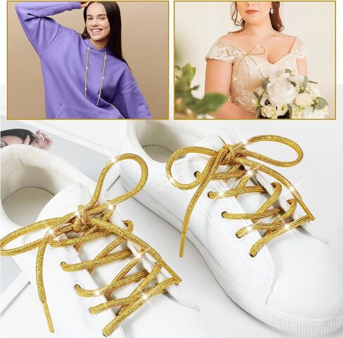 2 Pairs Glitter Metallic Shiny Shoe Laces, Round Bling Shoe Laces, Rhinestone ShoeLaces, 120cm Fun Fancy Shoestrings for Adult Sneakers Boots Sweatpants Hoodies Accessories(Gold) in Kuwait