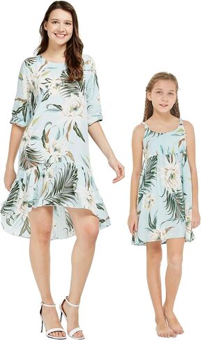 Matching Hawaiian Mother Daughter 3/4 Sleeve Ruffle Mermaid and Elastic Dress in Wispy Cereus Light Blue in Saudi Arabia