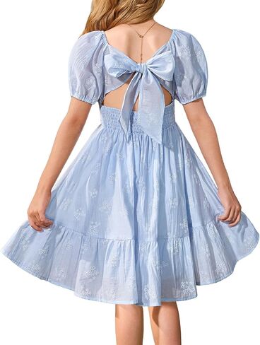 GRACE KARIN Girls Summer Tie Back Dress Square Neck Lantern Sleeve Ruffle Hem Elegant Dresses for 7-14 Years in Saudi Arabia