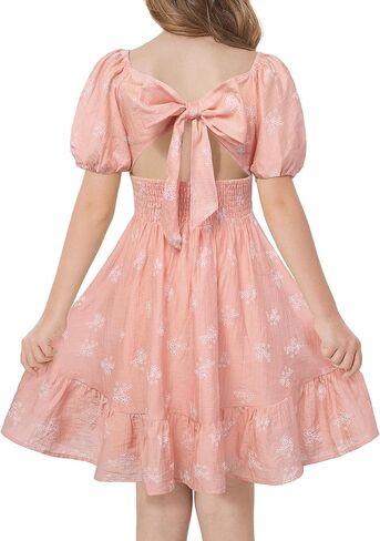 GRACE KARIN Girls Summer Tie Back Dress Square Neck Lantern Sleeve Ruffle Hem Elegant Dresses for 7-14 Years in Saudi Arabia
