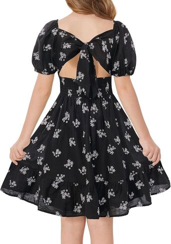 GRACE KARIN Girls Summer Tie Back Dress Square Neck Lantern Sleeve Ruffle Hem Elegant Dresses for 7-14 Years in Saudi Arabia