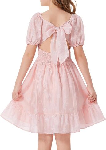 GRACE KARIN Girls Summer Tie Back Dress Square Neck Lantern Sleeve Ruffle Hem Elegant Dresses for 7-14 Years in Saudi Arabia