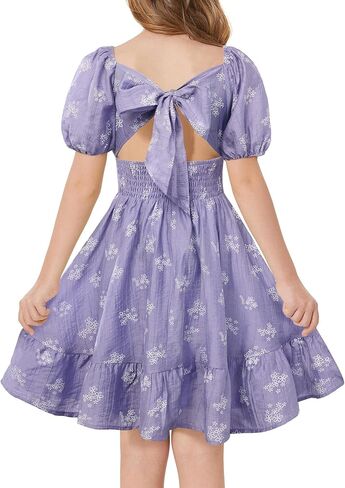 GRACE KARIN Girls Summer Tie Back Dress Square Neck Lantern Sleeve Ruffle Hem Elegant Dresses for 7-14 Years in Saudi Arabia