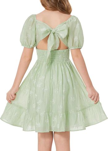 GRACE KARIN Girls Summer Tie Back Dress Square Neck Lantern Sleeve Ruffle Hem Elegant Dresses for 7-14 Years in Saudi Arabia