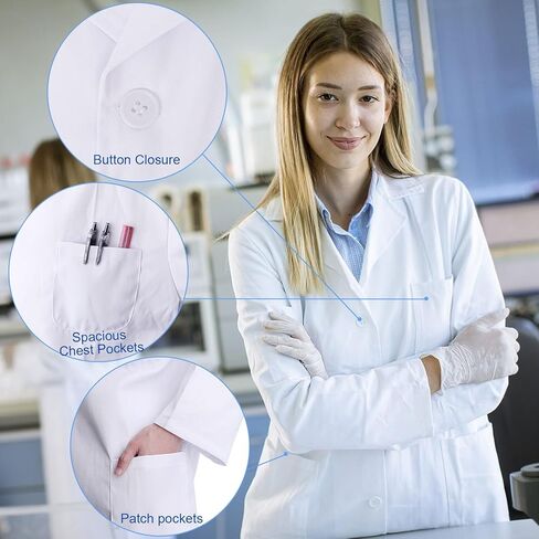 Lab Coat for Woman,White Doctor Costume for Adults, Long Sleeve Unisex Science Medical Coat in Kuwait