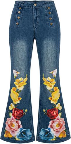 Women's Floral Print Wide Leg Cropped Pants - Boho High Waist Ankle Jeans, Trendy Spring Summer Casual Pants in Saudi Arabia