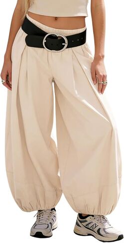 سروال نسائي واسع الساق من Xiaoxuemeng، سروال قطني عالي الخصر مع جيوب in Kuwait