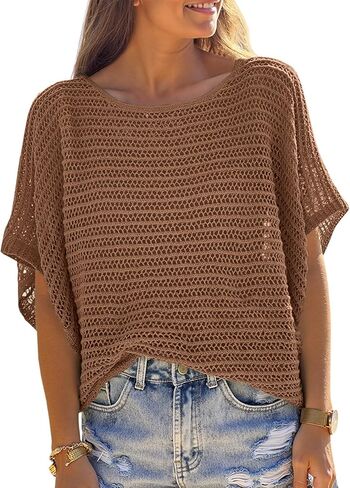 Crochet Cover Up Top Short Sleeve Sweater Summer Tops Loose Hollow Out Knit Pullover Tshirts Beach Swimsuit Coverup in Saudi Arabia