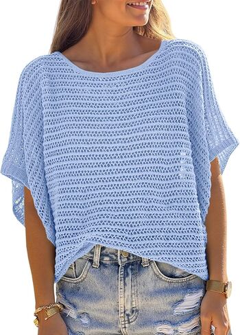Crochet Cover Up Top Short Sleeve Sweater Summer Tops Loose Hollow Out Knit Pullover Tshirts Beach Swimsuit Coverup in Saudi Arabia