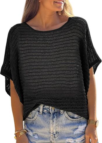 Crochet Cover Up Top Short Sleeve Sweater Summer Tops Loose Hollow Out Knit Pullover Tshirts Beach Swimsuit Coverup in Saudi Arabia