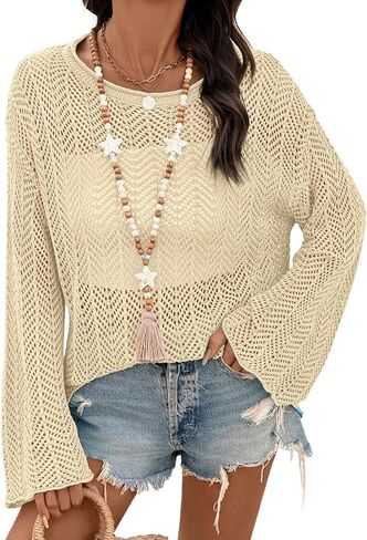 Dokotoo Womens Summer Crochet Hollow Out Sweater Bell Sleeve Beach Coverup Casual Pullover Shirt Tops Vacation Outfits in Saudi Arabia