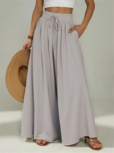 Women's Casual Pants Wide Leg High Waist Adjustable Knot Loose Vacation Trousers in Saudi Arabia