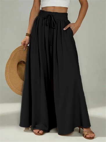 Women's Casual Pants Wide Leg High Waist Adjustable Knot Loose Vacation Trousers in Saudi Arabia