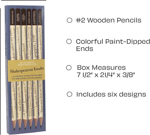 The Unemployed Philosophers Guild Shakespearean Insults Pencil Set - Box Wooden Paint-Dipped Unsharpened #2 Lead Pencils, Set of 6 Unique Designs in Saudi Arabia