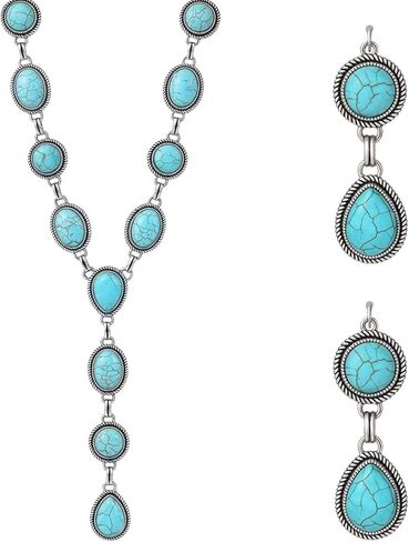 Turquoise Jewelry for Women – Western Jewelry Set with Necklace & Earrings Vintage Boho Style Costume Jewelry for Women Long Necklace & Earring Sets Gift in Saudi Arabia