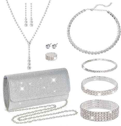 Rbenxia 9 Pieces Women Evening Rhinestone Jewelry Set Bling Glitter Silver Clutch Purse Necklace Earrings Bracelets for Women Bride Wedding Evening Party in Saudi Arabia