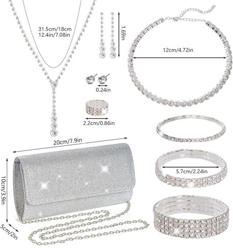 Rbenxia 9 Pieces Women Evening Rhinestone Jewelry Set Bling Glitter Silver Clutch Purse Necklace Earrings Bracelets for Women Bride Wedding Evening Party in Saudi Arabia