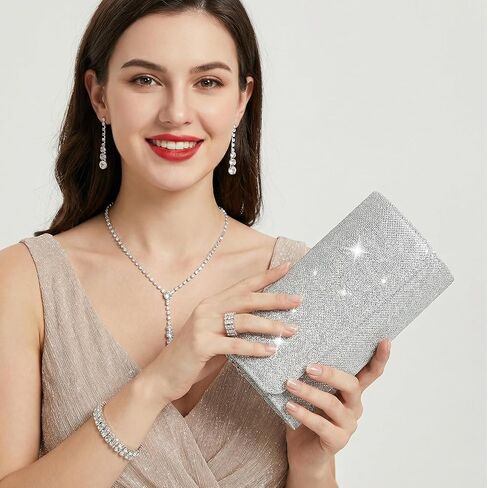 Rbenxia 9 Pieces Women Evening Rhinestone Jewelry Set Bling Glitter Silver Clutch Purse Necklace Earrings Bracelets for Women Bride Wedding Evening Party in Saudi Arabia