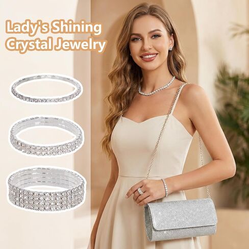 Rbenxia 9 Pieces Women Evening Rhinestone Jewelry Set Bling Glitter Silver Clutch Purse Necklace Earrings Bracelets for Women Bride Wedding Evening Party in Saudi Arabia