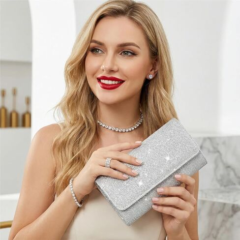Rbenxia 9 Pieces Women Evening Rhinestone Jewelry Set Bling Glitter Silver Clutch Purse Necklace Earrings Bracelets for Women Bride Wedding Evening Party in Saudi Arabia