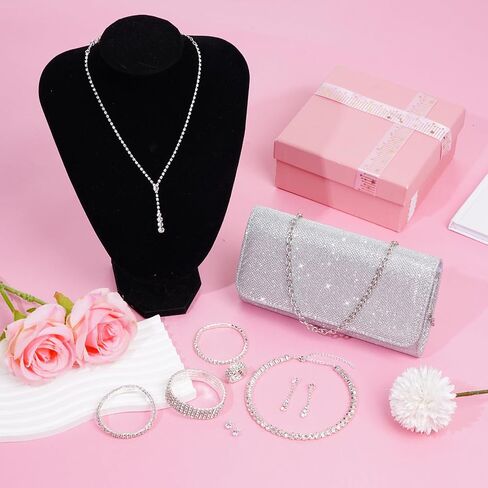 Rbenxia 9 Pieces Women Evening Rhinestone Jewelry Set Bling Glitter Silver Clutch Purse Necklace Earrings Bracelets for Women Bride Wedding Evening Party in Saudi Arabia