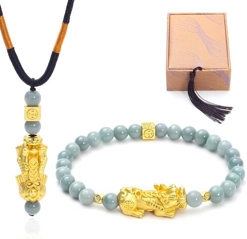 مجموعة قلادة سوار Fengshui Wealth سوار من اليشم الأخضر الحقيقي للنساء تجذب الأساور الغنية المحظوظة in Kuwait