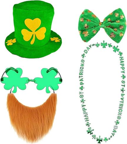 5 Pcs St. Patrick's Day Leprechaun Costume Suit Set Hat Fake Beard Bow Tie Clover Glasses Shamrock Necklace St Patricks Day Accessories Irish Theme for Men Woman in Saudi Arabia